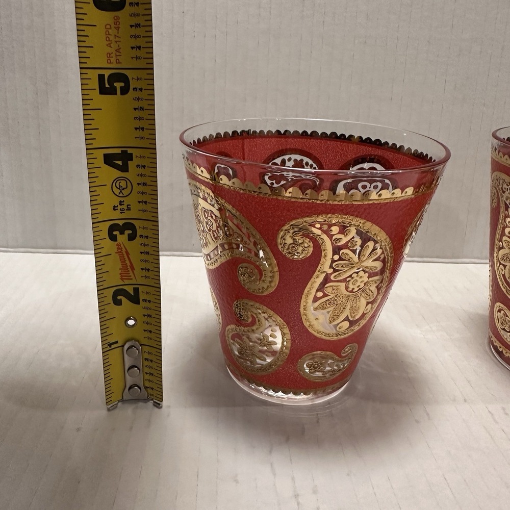Vintage Culver LTD Old Fashioned Glasses Paisley Red 22K‎ Gold MCM Barware Set 2 - Picture 7 of 8